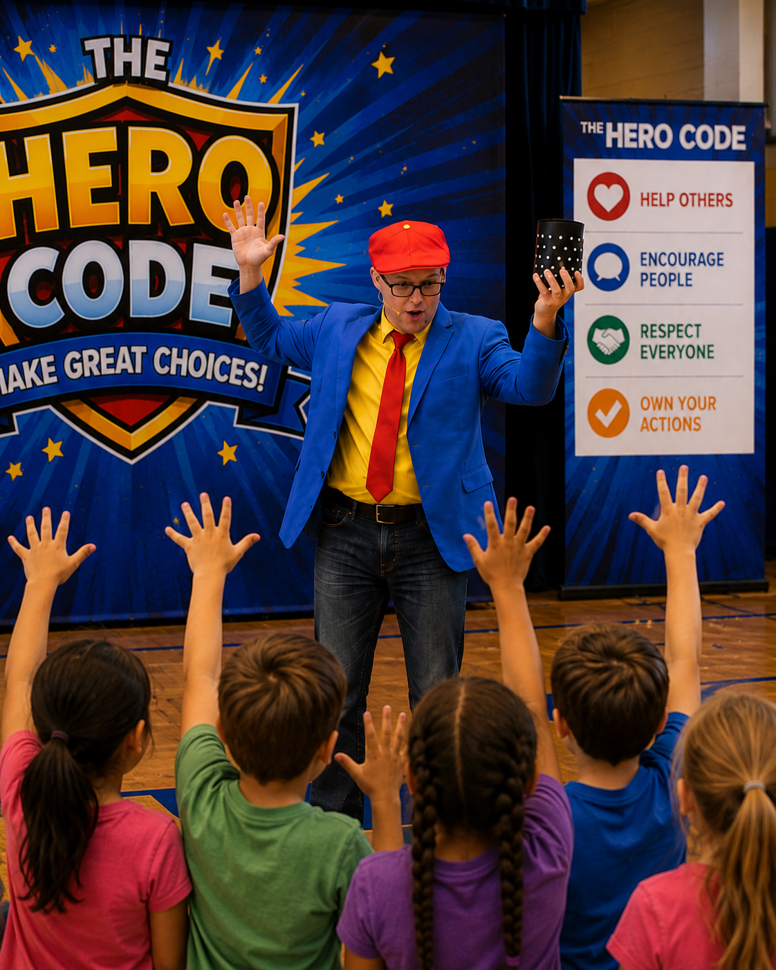 Students raising their hands during The Hero Code Magic Show assembly