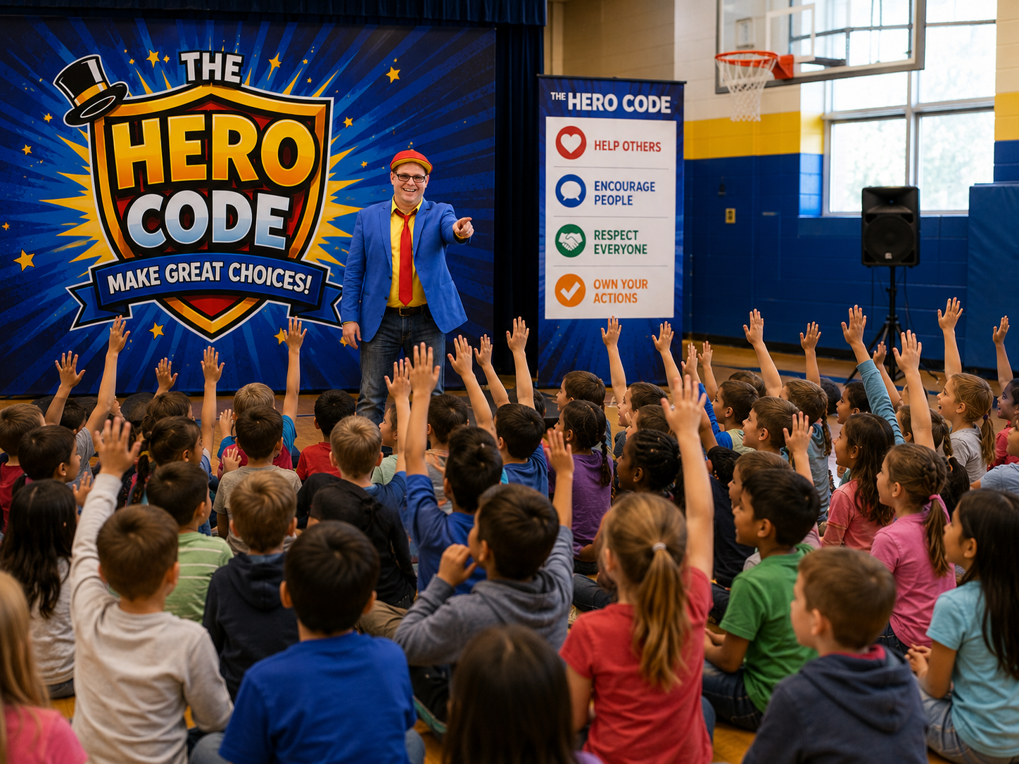 Students raising hands and laughing during The Hero Code Magic Show