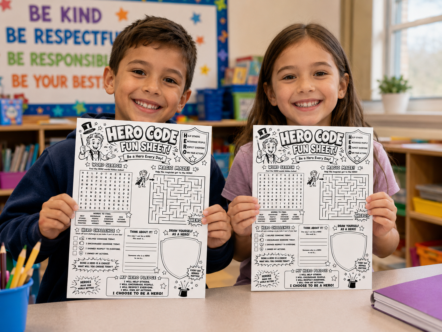 Students holding Hero Code fun sheets after the school assembly show