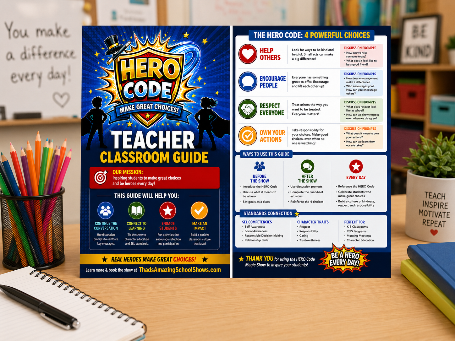 Hero Code Teacher Guide on Desk